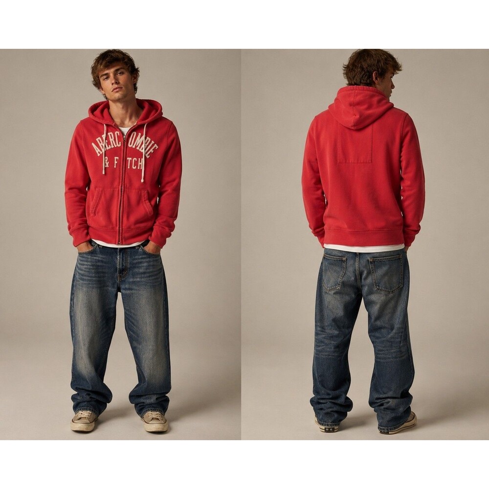 Abercrombie & Fitch Men's Red Distressed Fleece Full Zip Logo Hoodie Large Y2K